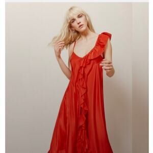 Mes Demoiselles Red Silk Noemi Frill Cocktail Summer Dress Size 40 US 10